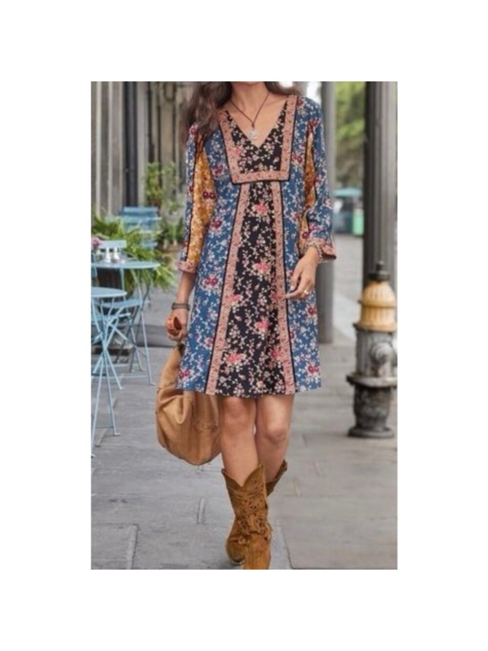 Sundance Floral Patchwork V‑Neck Midi Dress in Blue, Black and Tan
